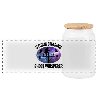 Storm Chasing Ghost Whisperer – Lineman Halloween - Panoramic Cookie Jar with Wooden Lid - white - Front
