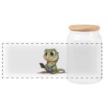 Baby lizard with mobile phone - Panoramic Cookie Jar with Wooden Lid - white - Front