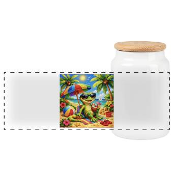 Gecko on the beach with sunglasses - Panoramic Cookie Jar with Wooden Lid - white - Front