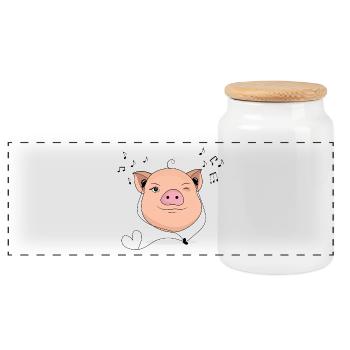 Pig with headphones music gift - Panoramic Cookie Jar with Wooden Lid - white - Front