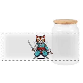 Samurai cat - Panoramic Cookie Jar with Wooden Lid - white - Front