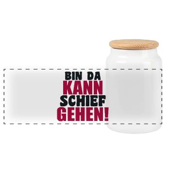 bin da kann schief gehen lustiger humor Spruch - Panorama Keksdose mit Holzdeckel - Weiß - Vorne