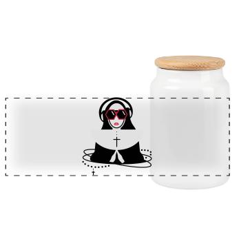 The nun with sunglasses and headphones - Panoramic Cookie Jar with Wooden Lid - white - Front