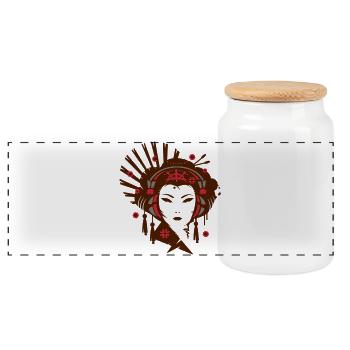 Ein japanisches Mädchen als Geisha mit Kopfhörer - Panorama Keksdose mit Holzdeckel - Weiß - Vorne