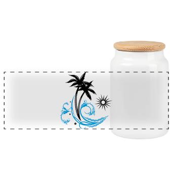 Palm trees with wave and sun, vacation, surf - Panoramic Cookie Jar with Wooden Lid - white - Front