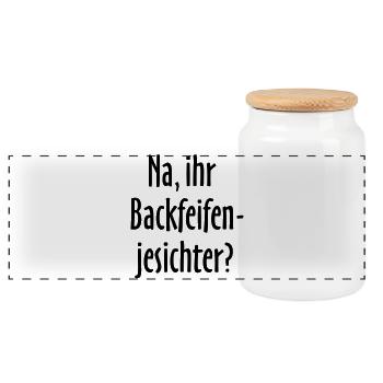 Berlin Spruch: Na, ihr Backfeifenjesichter? - Panorama Keksdose mit Holzdeckel - Weiß - Vorne
