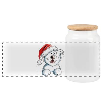Neugierige Weihnachtskatze - Katze - Geschenk - Panorama Keksdose mit Holzdeckel - Weiß - Vorne