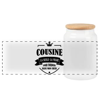Cousin - Cousine - Famille - Naissance - Bébé - Panoramic Cookie Jar with Wooden Lid - white - Front