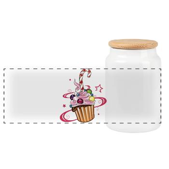 Colorful Muffin with sweets and candy cane. - Panoramic Cookie Jar with Wooden Lid - white - Front