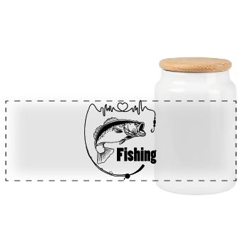 Fishing rod with fish - Panoramic Cookie Jar with Wooden Lid - white - Front