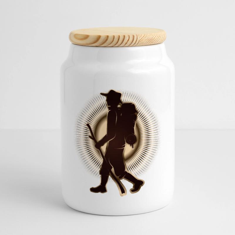 Pilger oder Wanderer mit Wanderstab & Rucksack Panorama Keksdose mit Holzdeckel