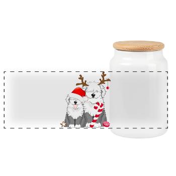 two cute bobtail dogs celebrate Christmas - Panoramic Cookie Jar with Wooden Lid - white - Front