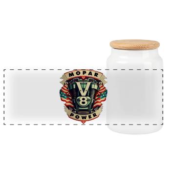 Mopar Power V8 Muscle Car USA Engine Logo - Panoramic Cookie Jar with Wooden Lid - white - Front