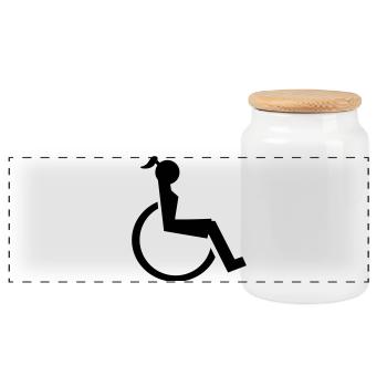 Logo of lady or girl in wheelchair. Image* - Panoramic Cookie Jar with Wooden Lid - white - Front