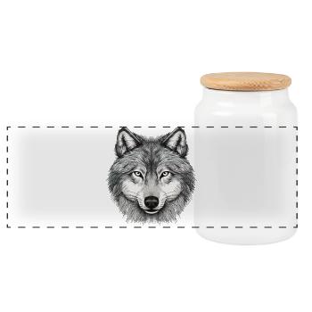 Wolfskopf, gezeichnetes Kunstwerk - Panorama Keksdose mit Holzdeckel - Weiß - Vorne