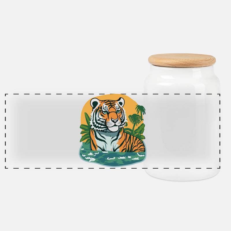 Jungle imprimée tigre - Boîte à biscuits avec couvercle en bois - blanc