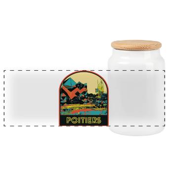 Futuroscope illustration escutcheon, Poitiers France - Panoramic Cookie Jar with Wooden Lid - white - Front