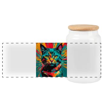 Cat - Panoramic Cookie Jar with Wooden Lid - white - Front