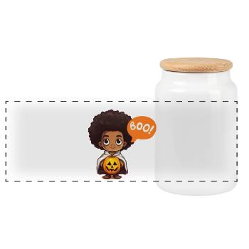 Cute Kids Halloween Vampire with Pumpkin - Panoramic Cookie Jar with Wooden Lid - white - Front