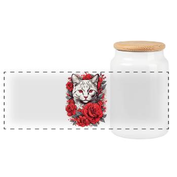 Red Rose Cat Look, Cat with Roses - Panoramic Cookie Jar with Wooden Lid - white - Front