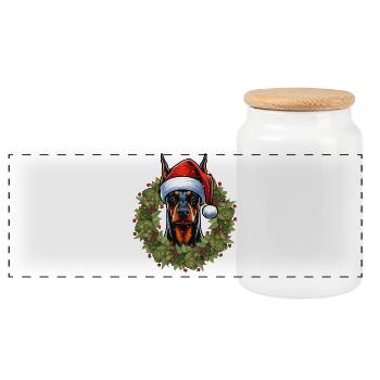 Doberman Christmas Hat Design - Panoramic Cookie Jar with Wooden Lid - white - Front