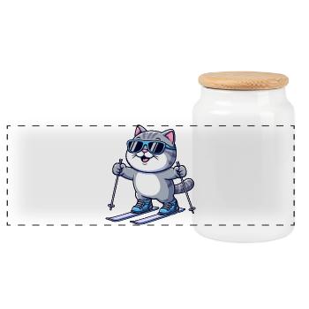 British Shorthair Cat Skiing Winter - Panoramic Cookie Jar with Wooden Lid - white - Front