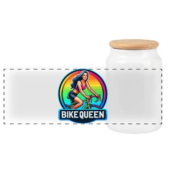Bike Queen Regenbogen Abzeichen - Panorama Keksdose mit Holzdeckel - Weiß - Vorne