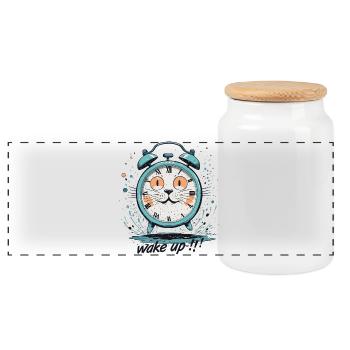 Cat alarm clock, humor to wake - Panoramic Cookie Jar with Wooden Lid - white - Front