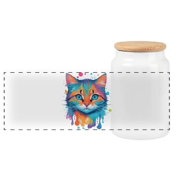 Cute Cat - Panoramic Cookie Jar with Wooden Lid - white - Front