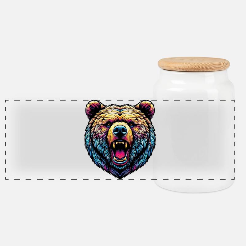 Angry Ferocious Bear - Panoramic Cookie Jar with Wooden Lid - white