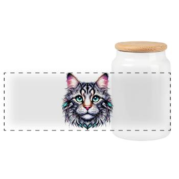 Cat - Panoramic Cookie Jar with Wooden Lid - white - Front