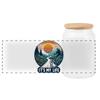 Sunset Mountain Cycling Adventure - Panoramic Cookie Jar with Wooden Lid - white - Front