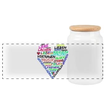 Text Herz Leben Liebe Frieden - Panorama Keksdose mit Holzdeckel - Weiß - Vorne