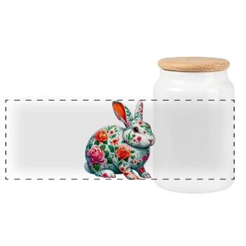Rabbit decorated with flowers - Panoramic Cookie Jar with Wooden Lid - white - Front