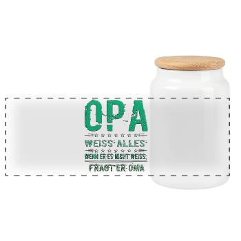 Opa T-Shirt mit Lustigem Spruch | Opa weiß alles - Panorama Keksdose mit Holzdeckel - Weiß - Vorne