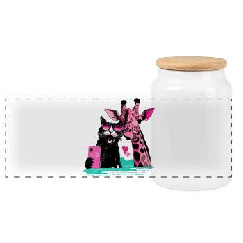 Good-Vibes Selfie with Cat and Giraffe - Panoramic Cookie Jar with Wooden Lid - white - Front