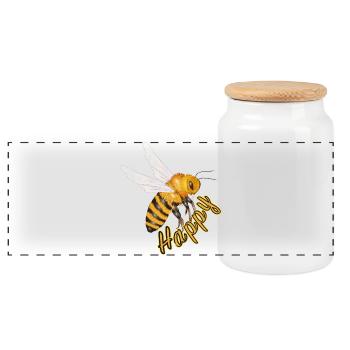 jaune Happy lettrage avec abeille dessinée à la main - Boîte à biscuits avec couvercle en bois - blanc - Devant