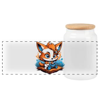 Gamer Schlauer Gaming Fuchs - Panorama Keksdose mit Holzdeckel - Weiß - Vorne