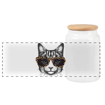 Porträt einer Katze mit Brille im Leoparden Look - Panorama Keksdose mit Holzdeckel - Weiß - Vorne