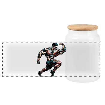 Muscular bodybuilder in pose for gym - Panoramic Cookie Jar with Wooden Lid - white - Front