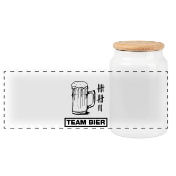 Glas Bier, Beer, Cerveza (JGA-Team-Design) - Panorama Keksdose mit Holzdeckel - Weiß - Vorne