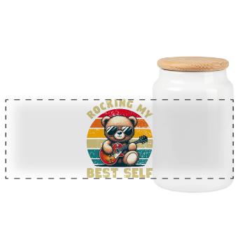 Teddy bear with sunglasses and electric guitar distressed - Panoramic Cookie Jar with Wooden Lid - white - Front