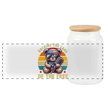 Cute Bear USA America Music Patriot Retro - Panoramic Cookie Jar with Wooden Lid - white - Front