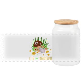 Whimsical Mushroom and Cat Garden design - Panoramic Cookie Jar with Wooden Lid - white - Front