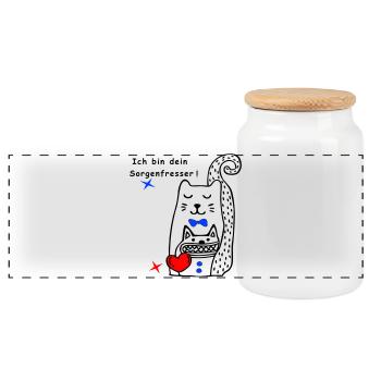 Worry Eater Cat - Panoramic Cookie Jar with Wooden Lid - white - Front
