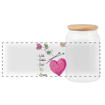 Knitted heart with flowers and knitting needles - Panoramic Cookie Jar with Wooden Lid - white - Front