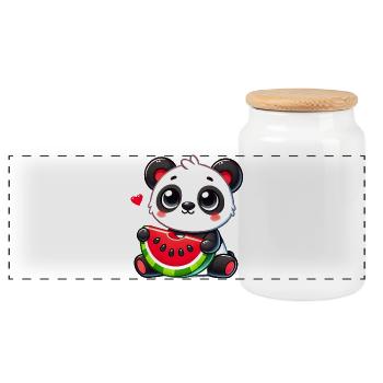 Der niedliche Panda genießt ein Stück Wassermelone - Panorama Keksdose mit Holzdeckel - Weiß - Vorne