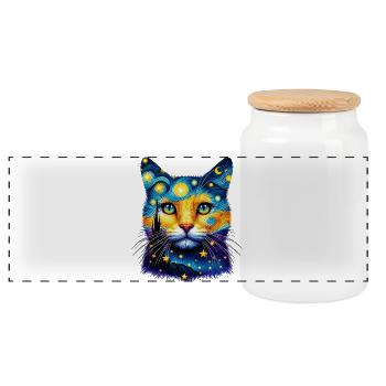 Cat - Panoramic Cookie Jar with Wooden Lid - white - Front