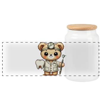 Cuddly Toy Teddy Dentist with Tooth & Mouth Mirror - Panoramic Cookie Jar with Wooden Lid - white - Front