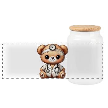 mignon jouet câlin teddy doctor avec manteau de médecin - Boîte à biscuits avec couvercle en bois - blanc - Devant